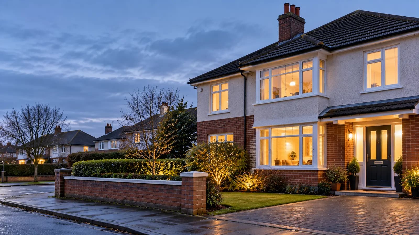 Well-insulated semi-detached home with warm lights on at dusk